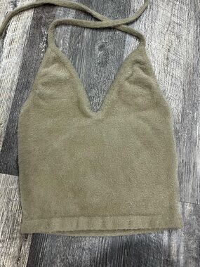 Gymshark x Whitney Simmons eyelash knit halter top in a sage green or tan color